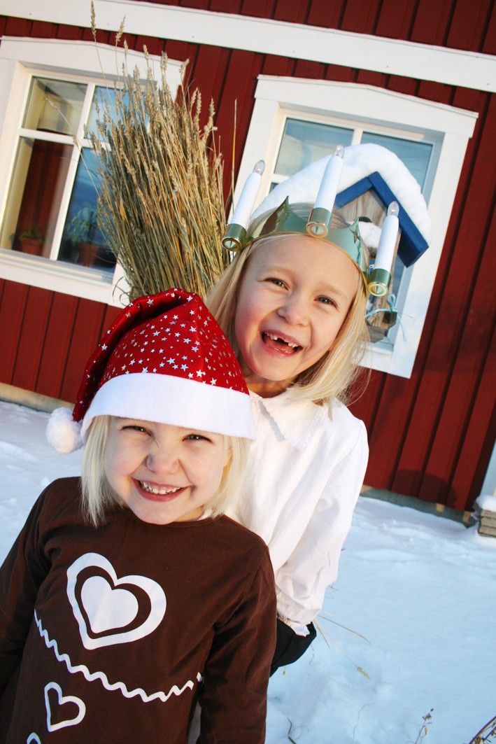 Systrarna Emilia,7 år, och Hilda,4 år, Gottnersson önskar från Avaliden, Tavelsjö en mysig Lucia till alla fina släktingar och härliga vänner!